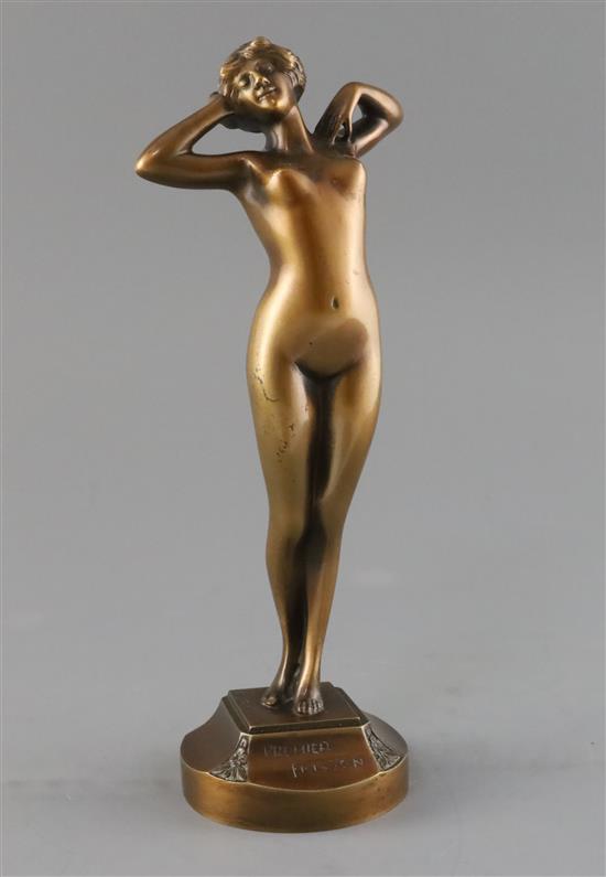 Leon-Louis Oury (1867-1940). A bronze figure of a stretching female nude, 9.75in.